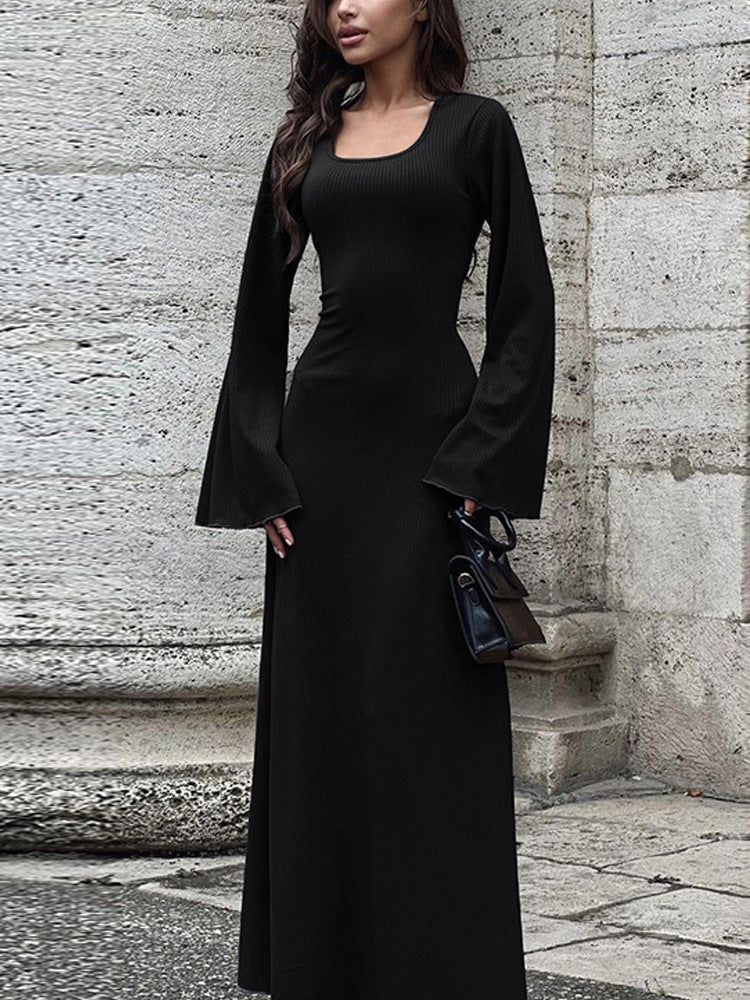 LUMAYA LUMAYA0676 Flared Long Sleeved High Waist Maxi Skirt with Lace-up Back