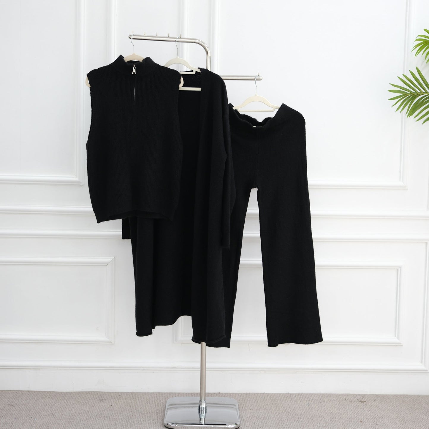 LM6603 Thickened knitted three-piece long coat set (with optional headscarf)