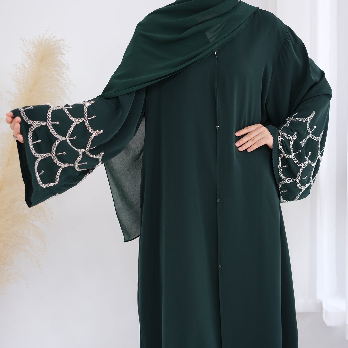 LM6608 Solid Color LMnd-beaded Long Cardigan (headscarf Not Included)
