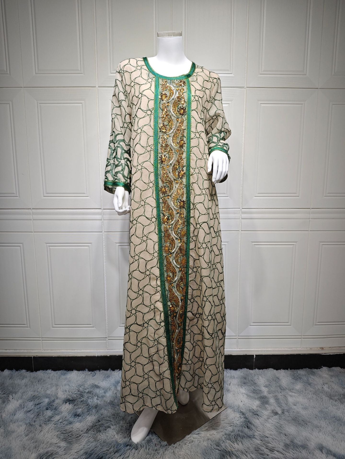 LM6668 A Simple and Elegant Long Dress Adorned with Mesh Embroidery.