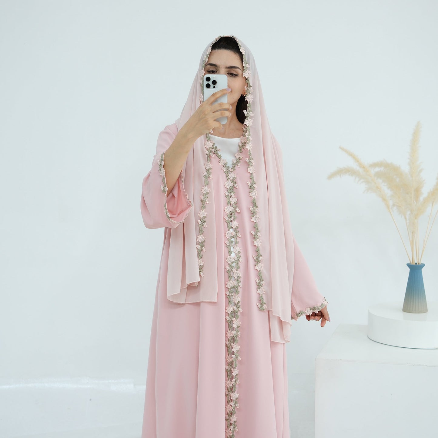 LM6618 Pink Flower Stitching Cardigan Two-Piece Set (Including Headscarf)