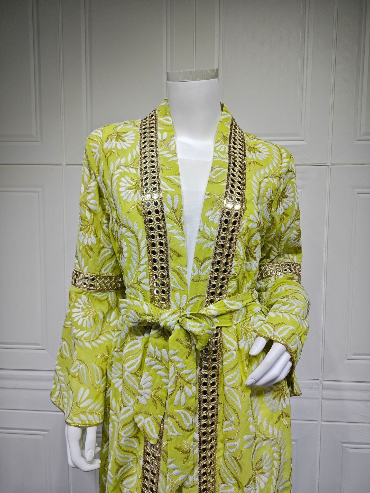 LM6664 Waist-cinching belted long dress set with lightweight printed jacket