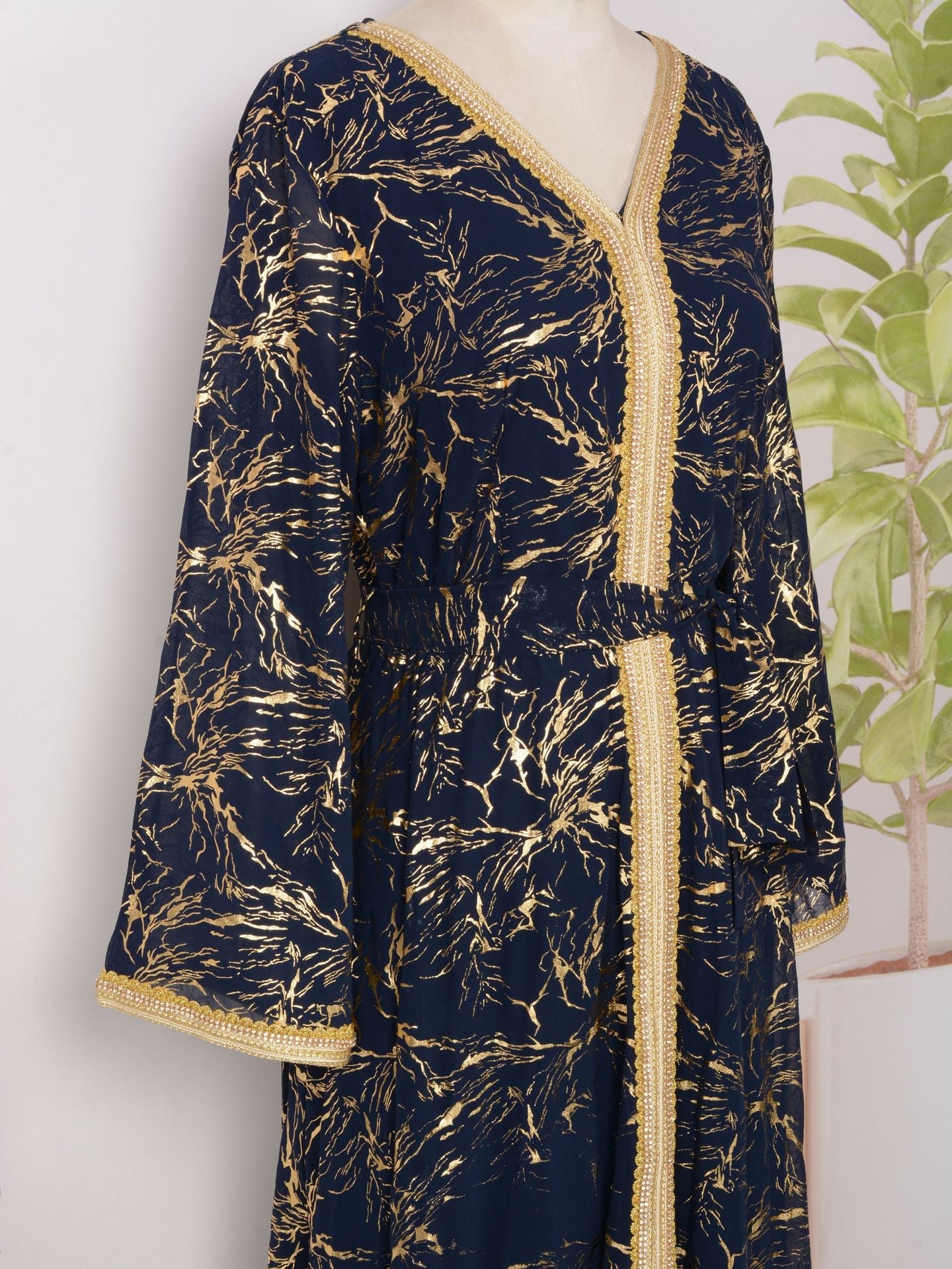 HS6731 V-neck gold-embroidered robe maxi dress