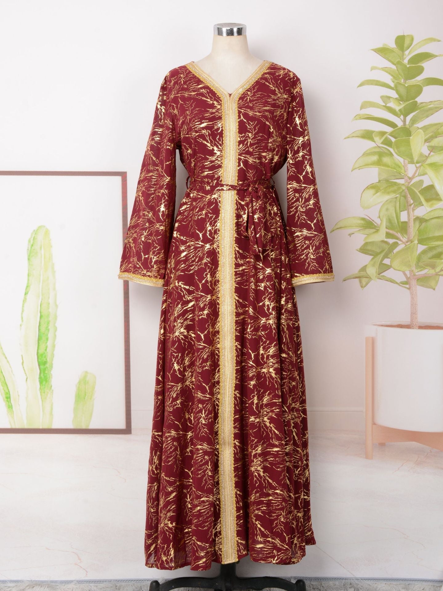 HS6731 V-neck gold-embroidered robe maxi dress