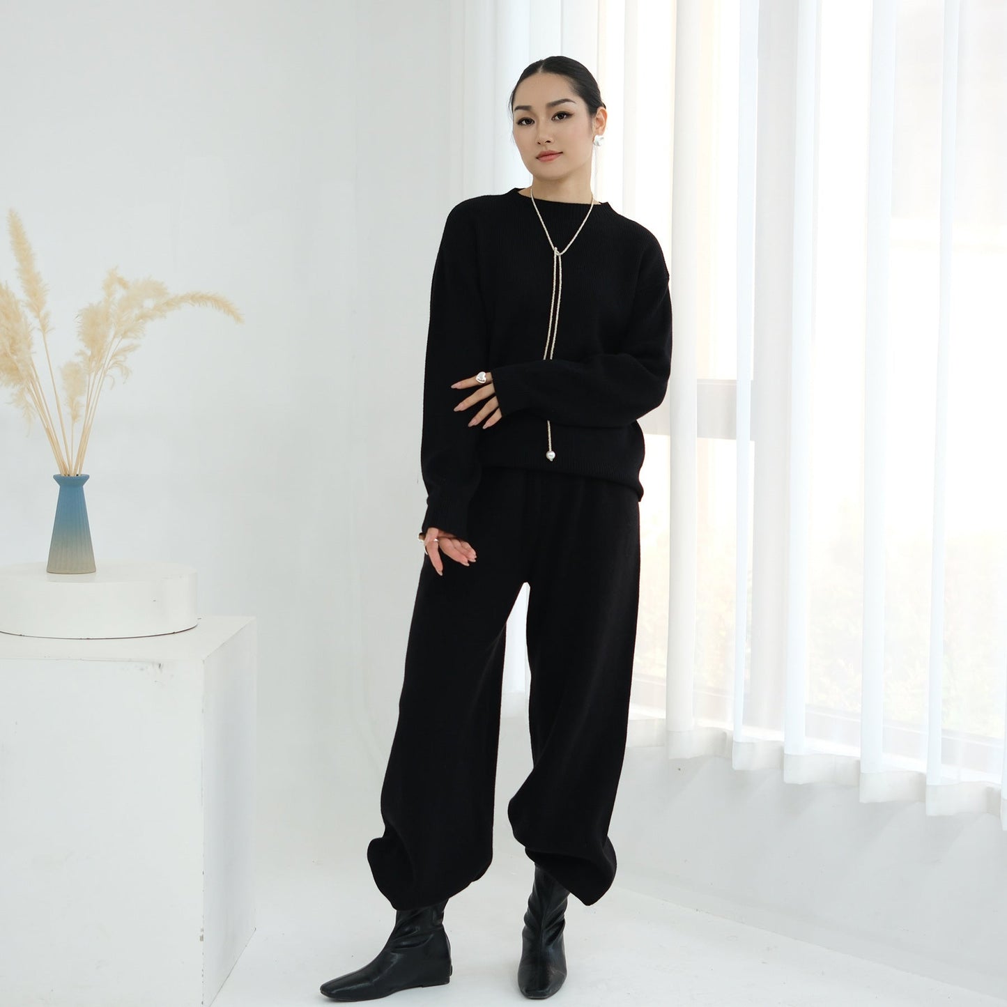 LM6595 Autumn and Winter Thickened Knitted Suit (Not Including Headscarf) | Simple Solid Color Two-Piece Suit