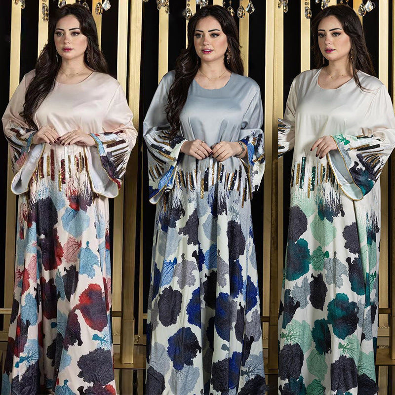 LM6665 Sequined, loose-fitting long dress with print and sequin design.