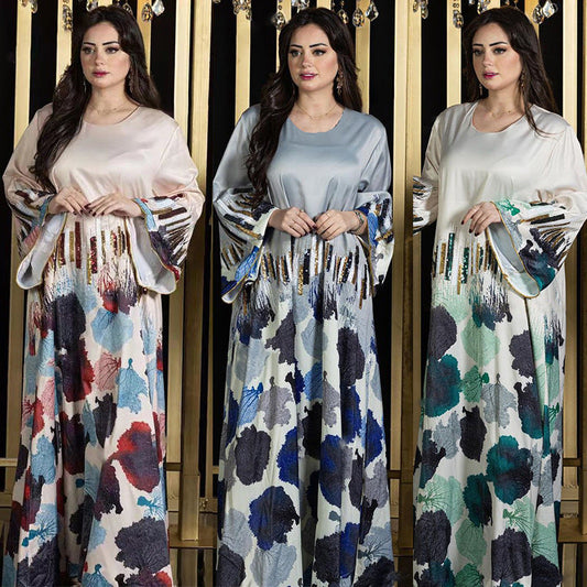 LM6665 Sequined, loose-fitting long dress with print and sequin design.