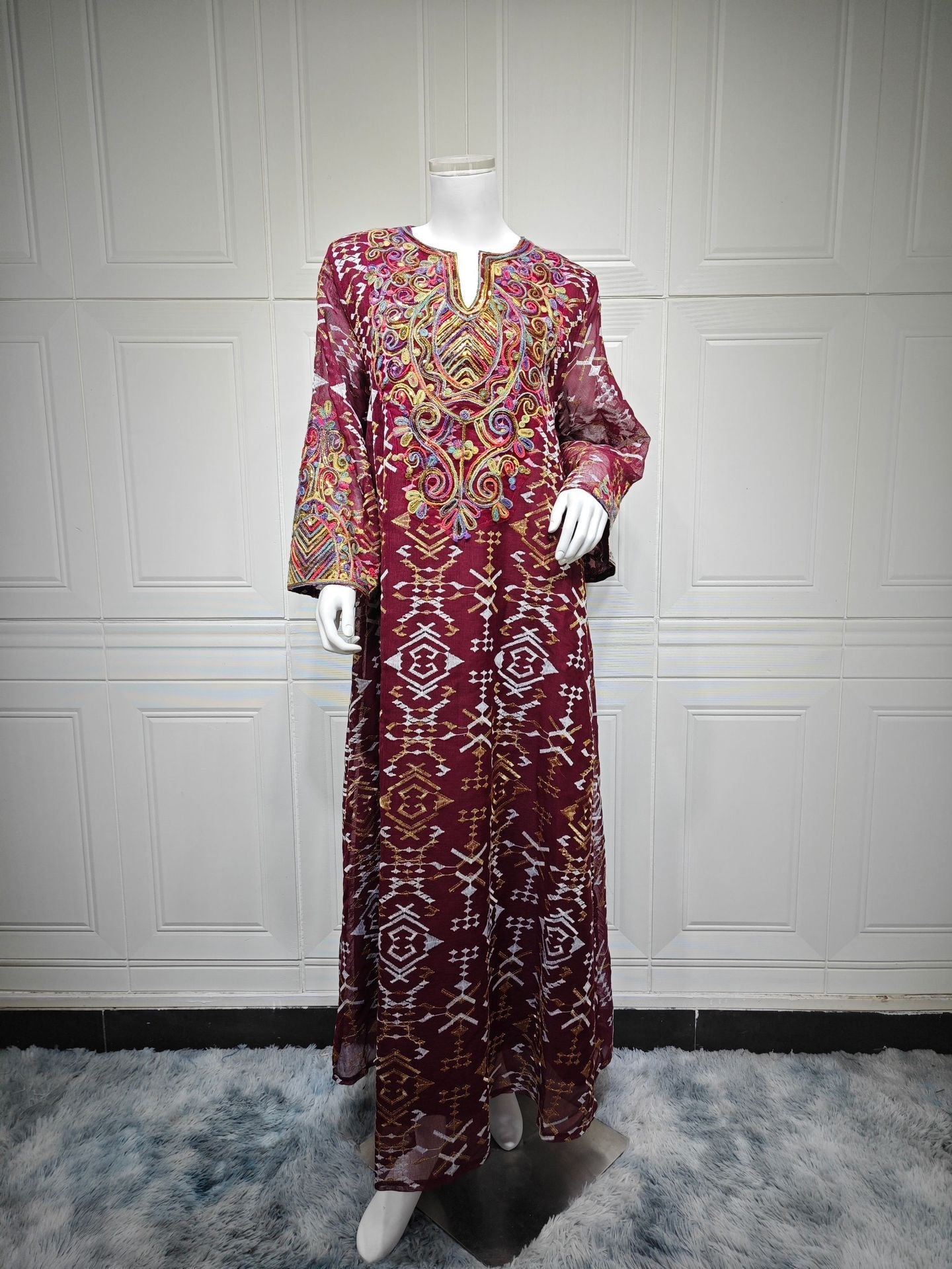 LM6663 Mesh Embroidery Patchwork Long-sleeved Dress, Robe-style Loose Fit