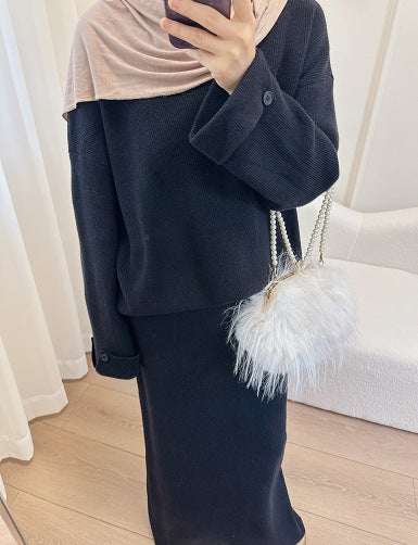 LM6597 Autumn and winter thickened knitted suit solid color two-piece suit (excluding headscarf) top + skirt