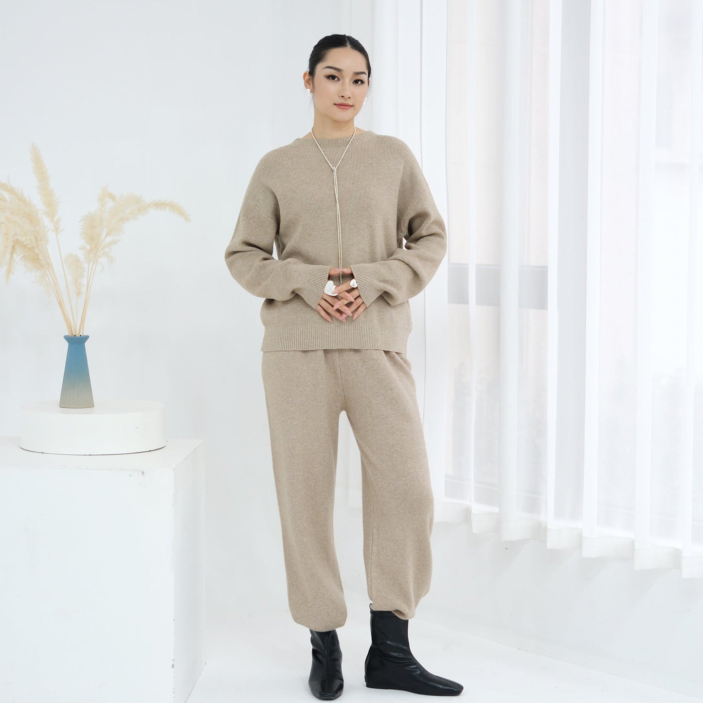 LM6595 Autumn and Winter Thickened Knitted Suit (Not Including Headscarf) | Simple Solid Color Two-Piece Suit