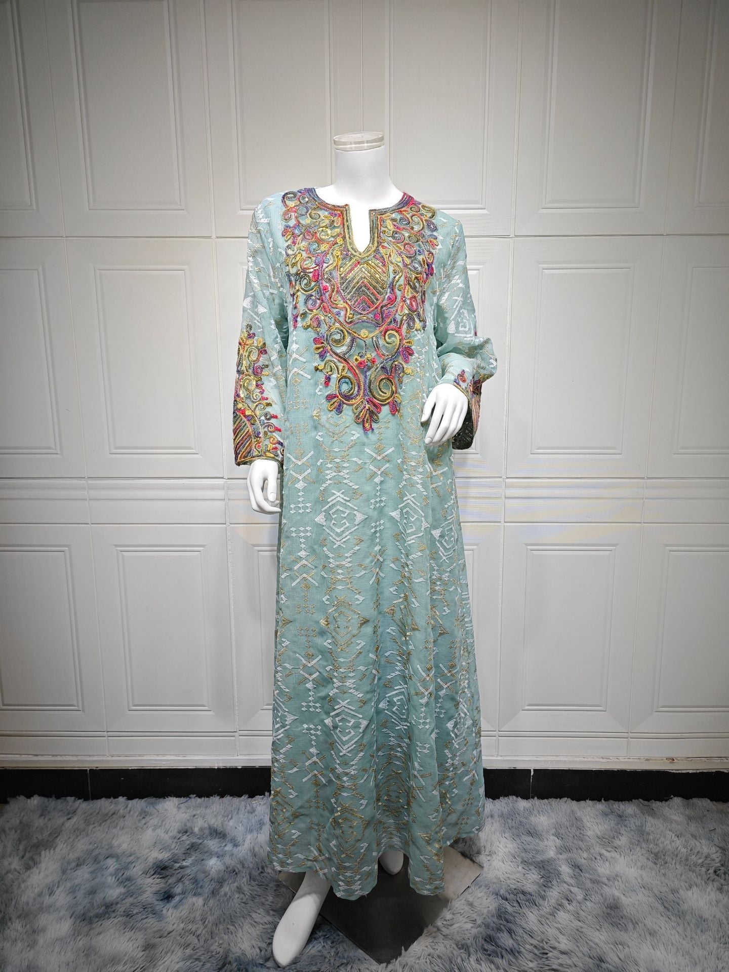 LM6663 Mesh Embroidery Patchwork Long-sleeved Dress, Robe-style Loose Fit