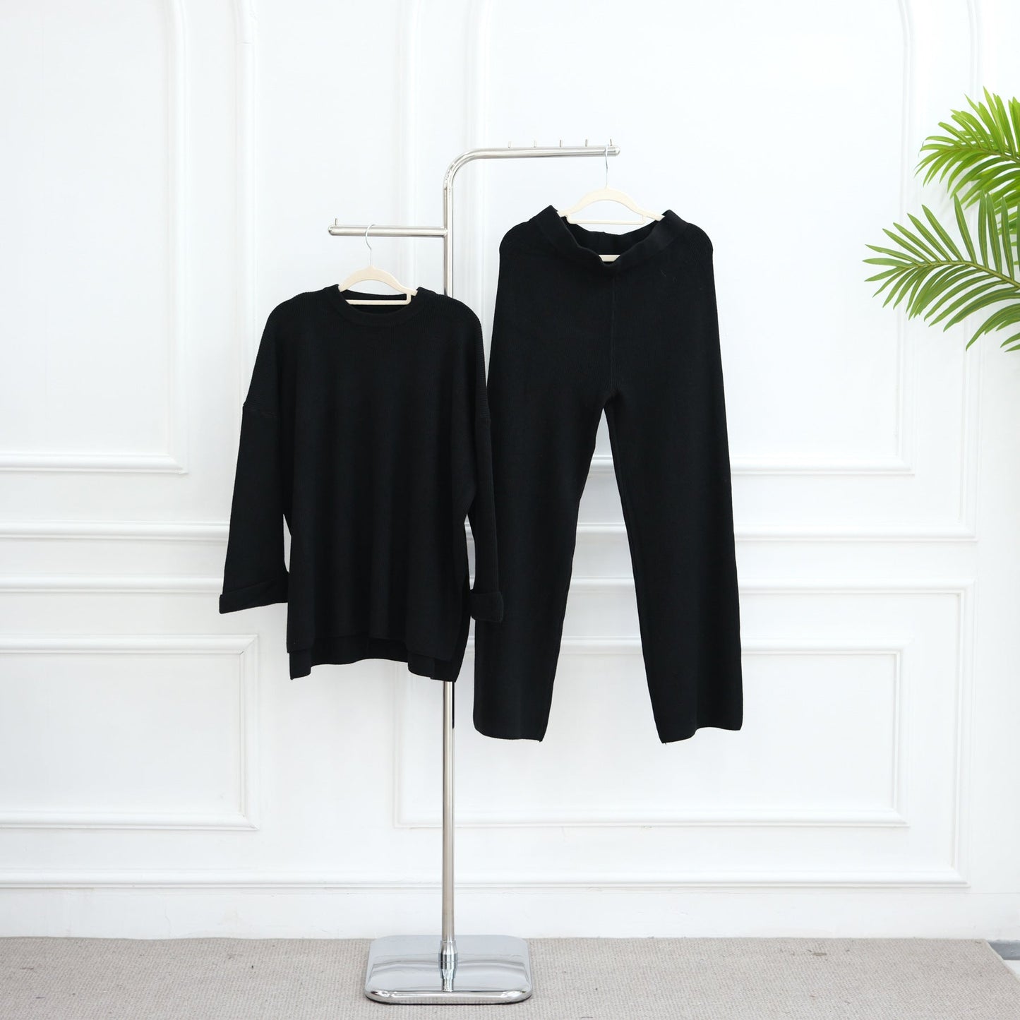 LM6599 Autumn and Winter Thickened Knitted Suit Solid Color Two-piece Suit (excluding Headscarf) Top + Trousers