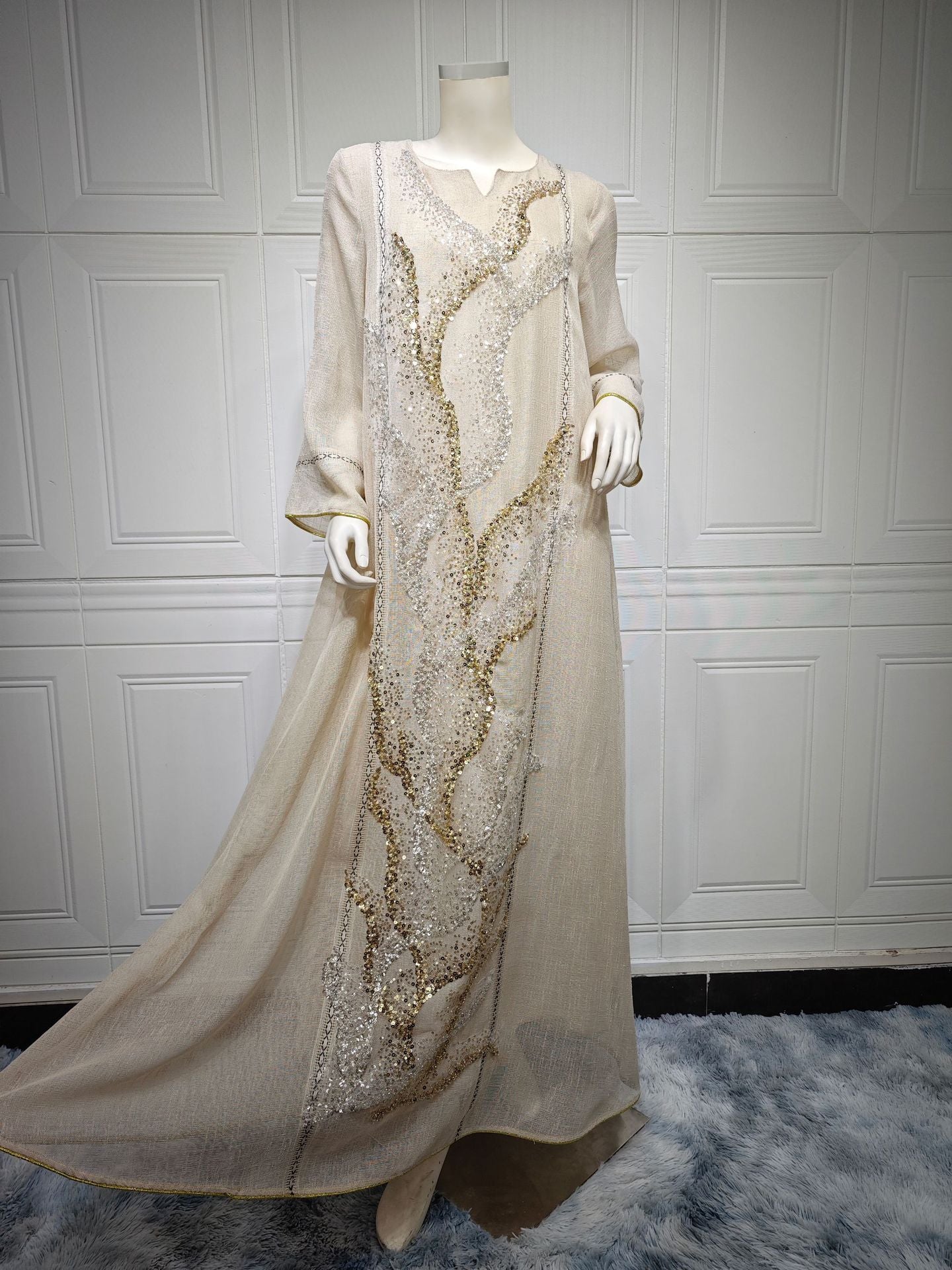 LM6637  Mesh Sequined Embroidered Long Dress