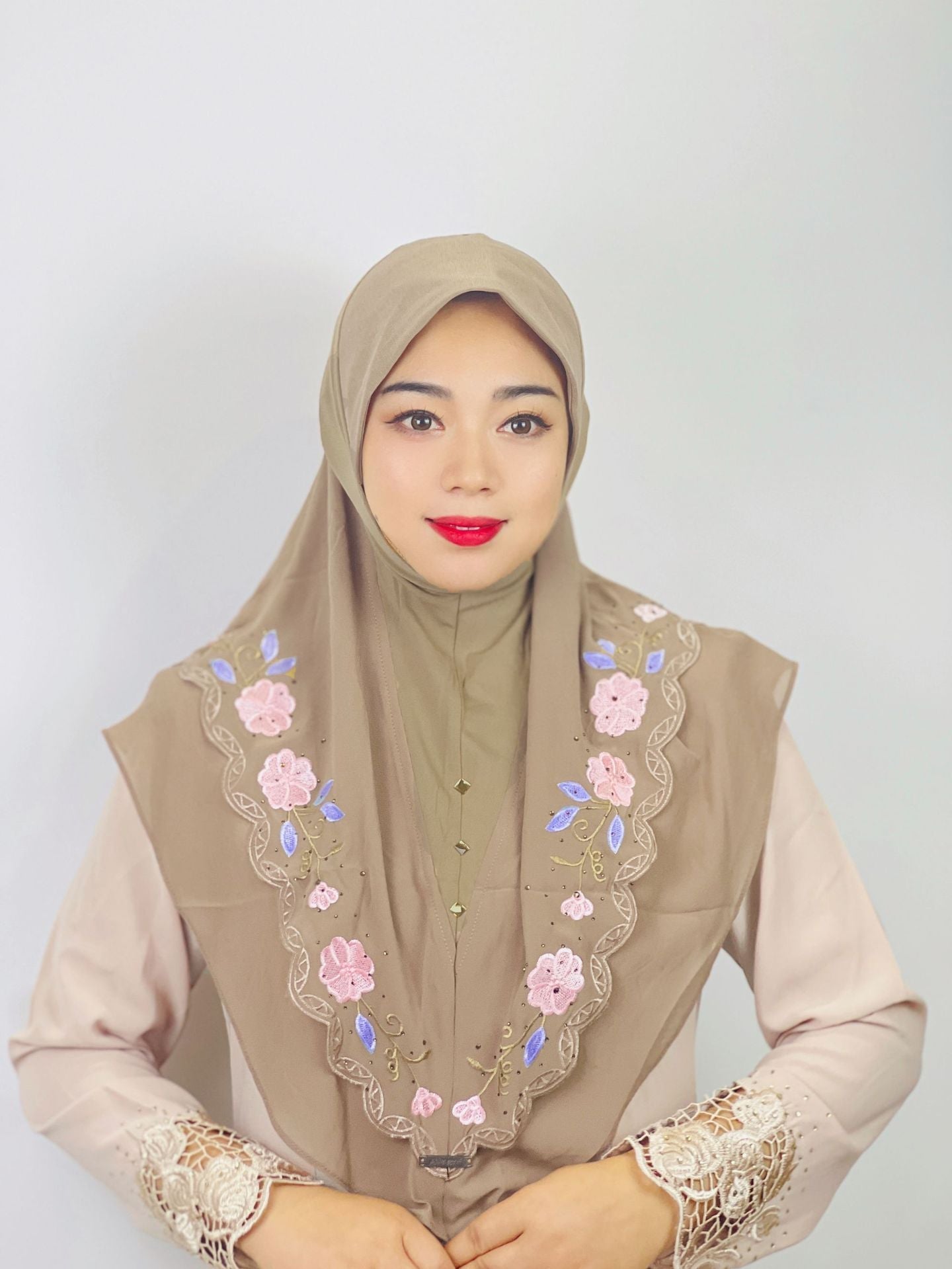 LUMAYA LM1105 Double Layered Floral Embroidered Lace Headscarf for Women