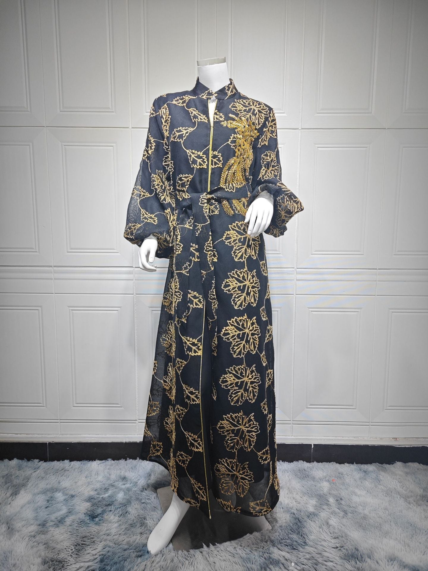 LM6651  Floral Print Long Dress, Elegant Stand-up Collar Evening Gown