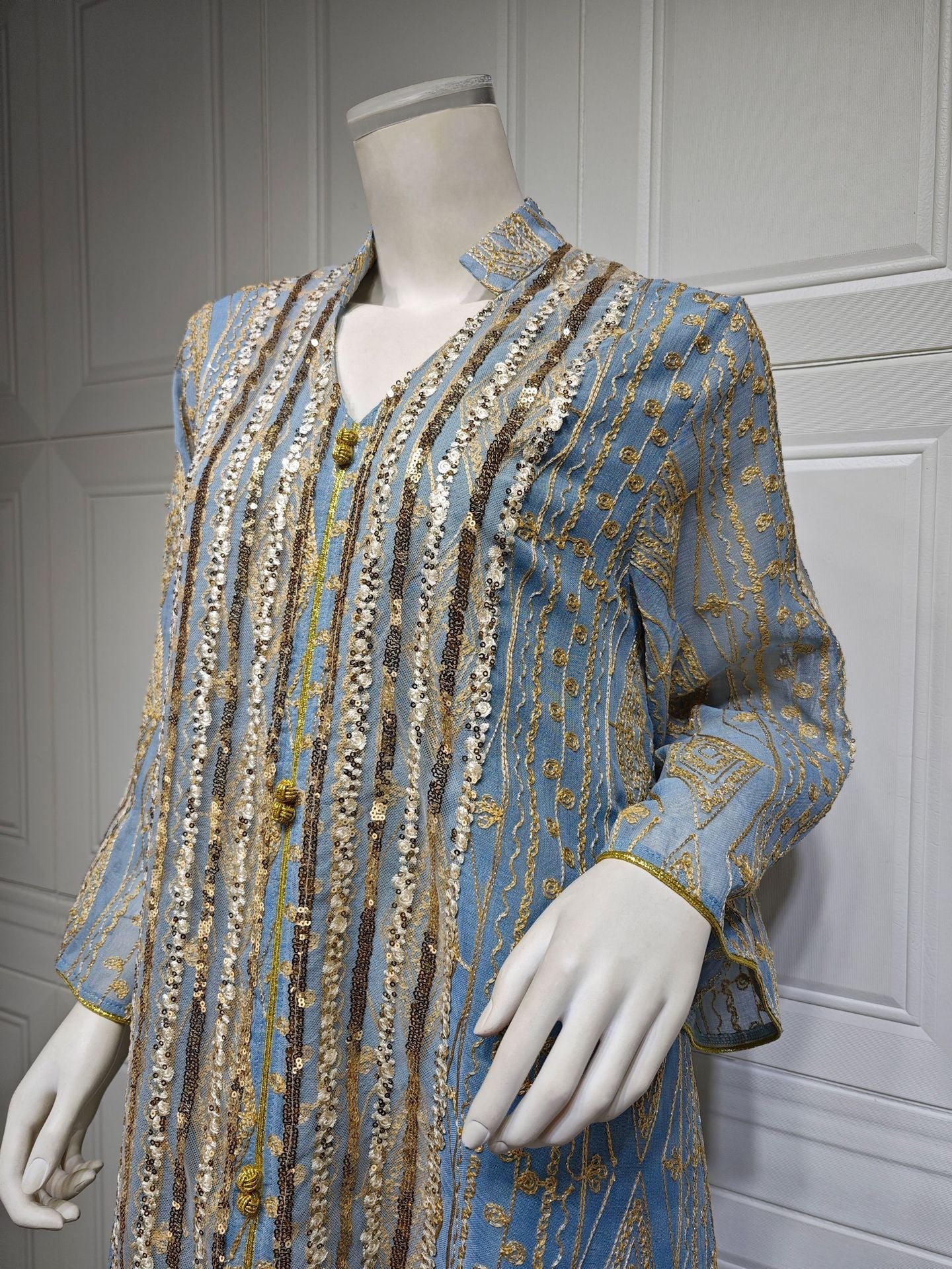 LM6662 Mesh embroidery sequin patchwork long-sleeved dress, loose robe style