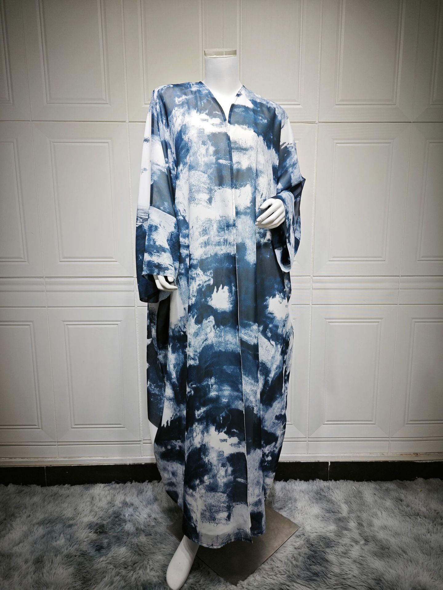 LM6638 Chiffon Printed Cardigan Two-piece Long Coat with Headscarf
