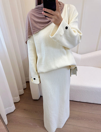 LM6597 Autumn and winter thickened knitted suit solid color two-piece suit (excluding headscarf) top + skirt