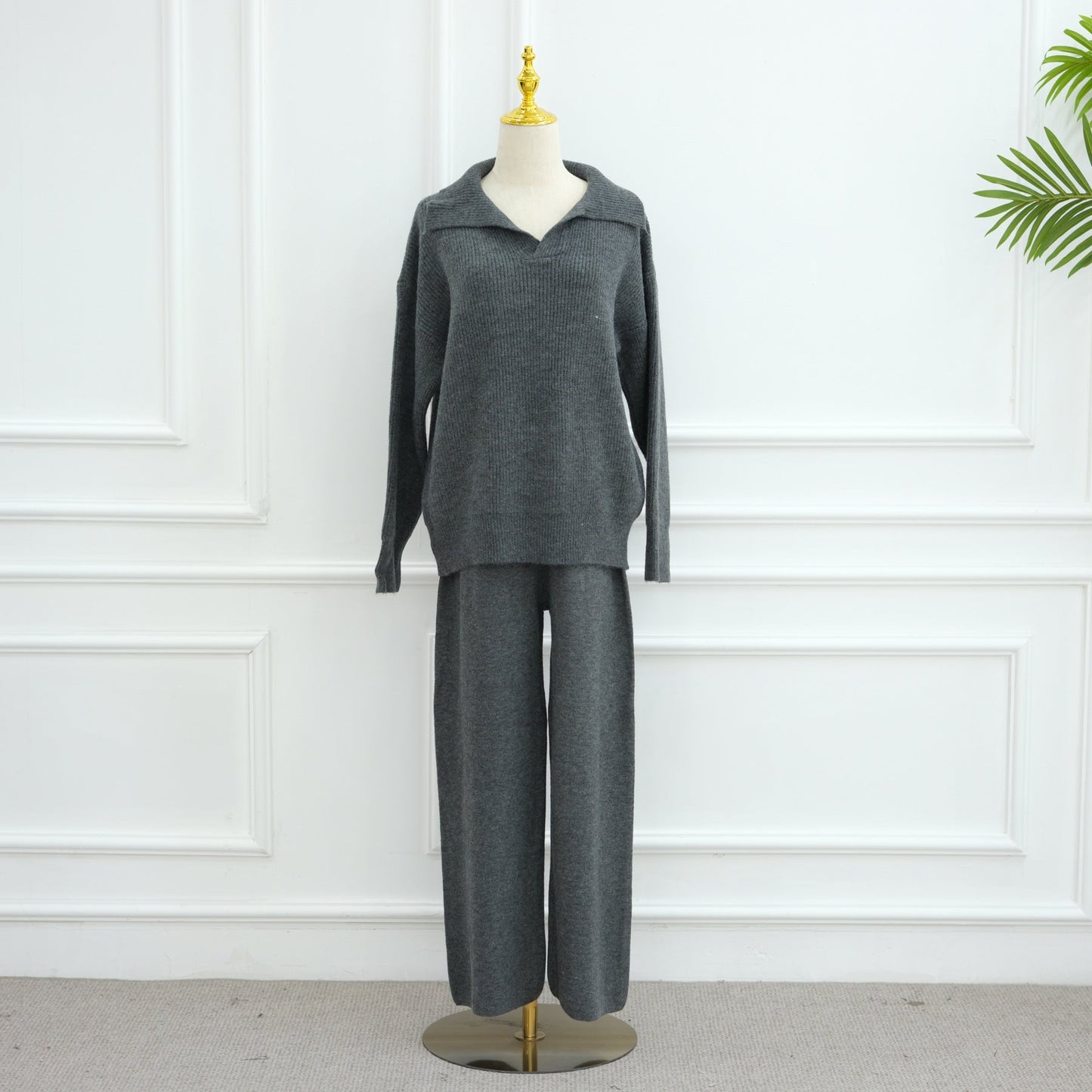LM6594 Autumn and Winter Thickened Knitted Suit | Simple Solid Color Two-piece Suit