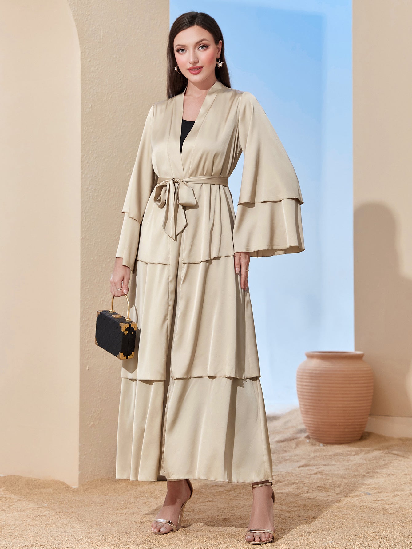 LUMAYA LUMAYA0480 Elegant Satin Silk Fabric Three Layer Open Abaya with Two Layer Sleeves