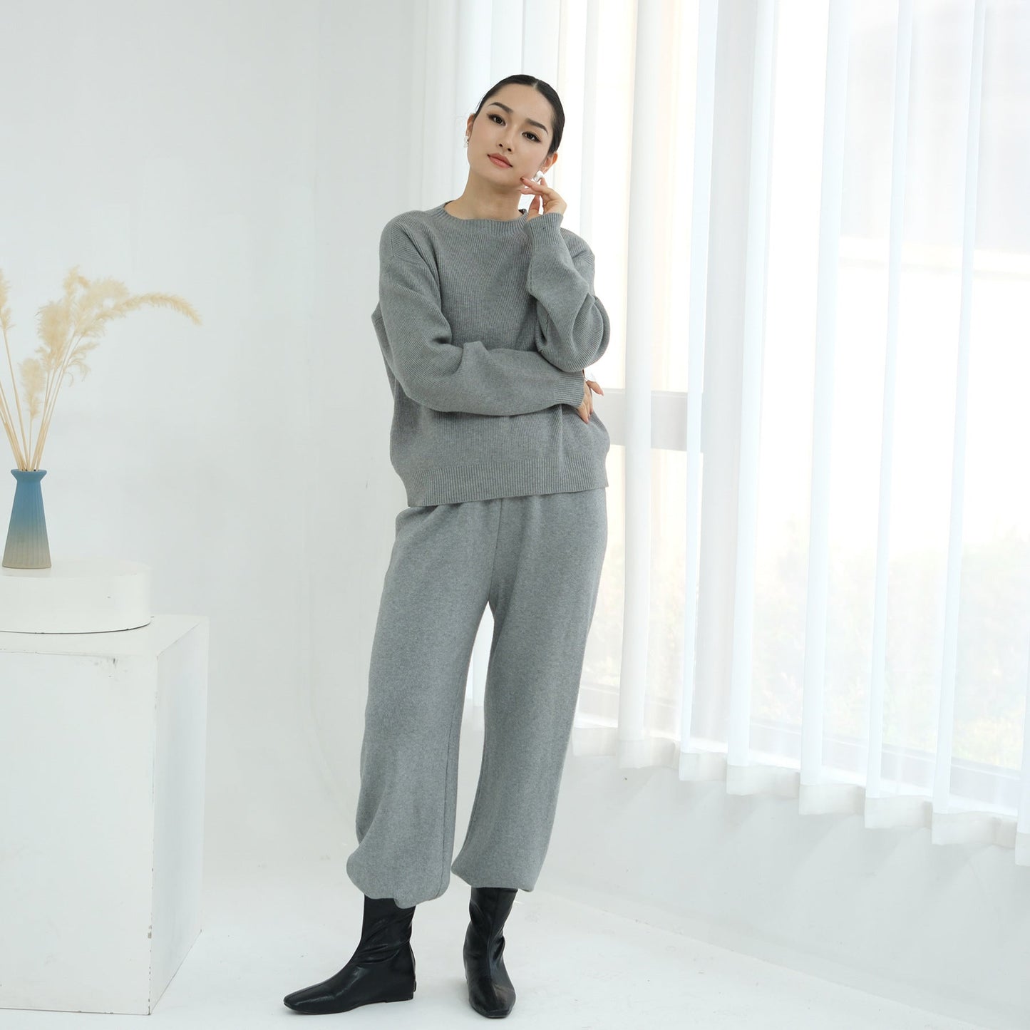 LM6595 Autumn and Winter Thickened Knitted Suit (Not Including Headscarf) | Simple Solid Color Two-Piece Suit