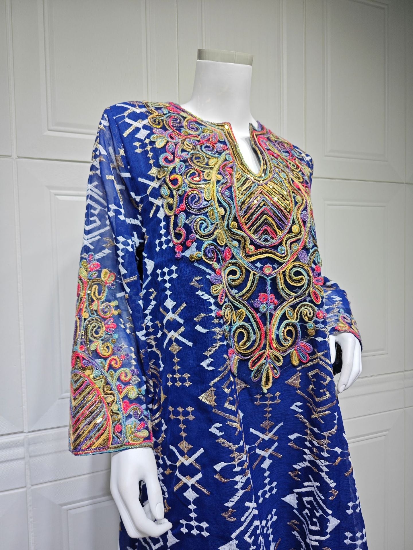 LM6663 Mesh Embroidery Patchwork Long-sleeved Dress, Robe-style Loose Fit