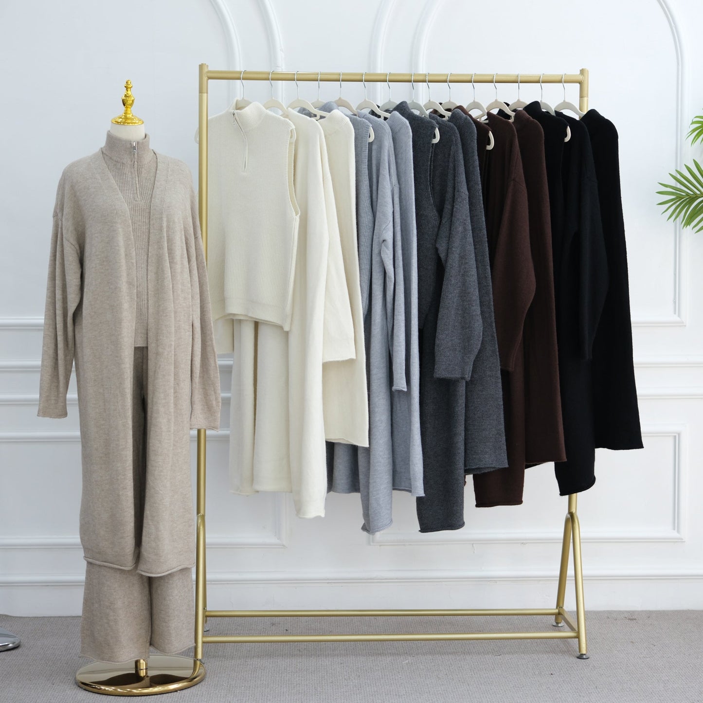 LM6603 Thickened knitted three-piece long coat set (with optional headscarf)