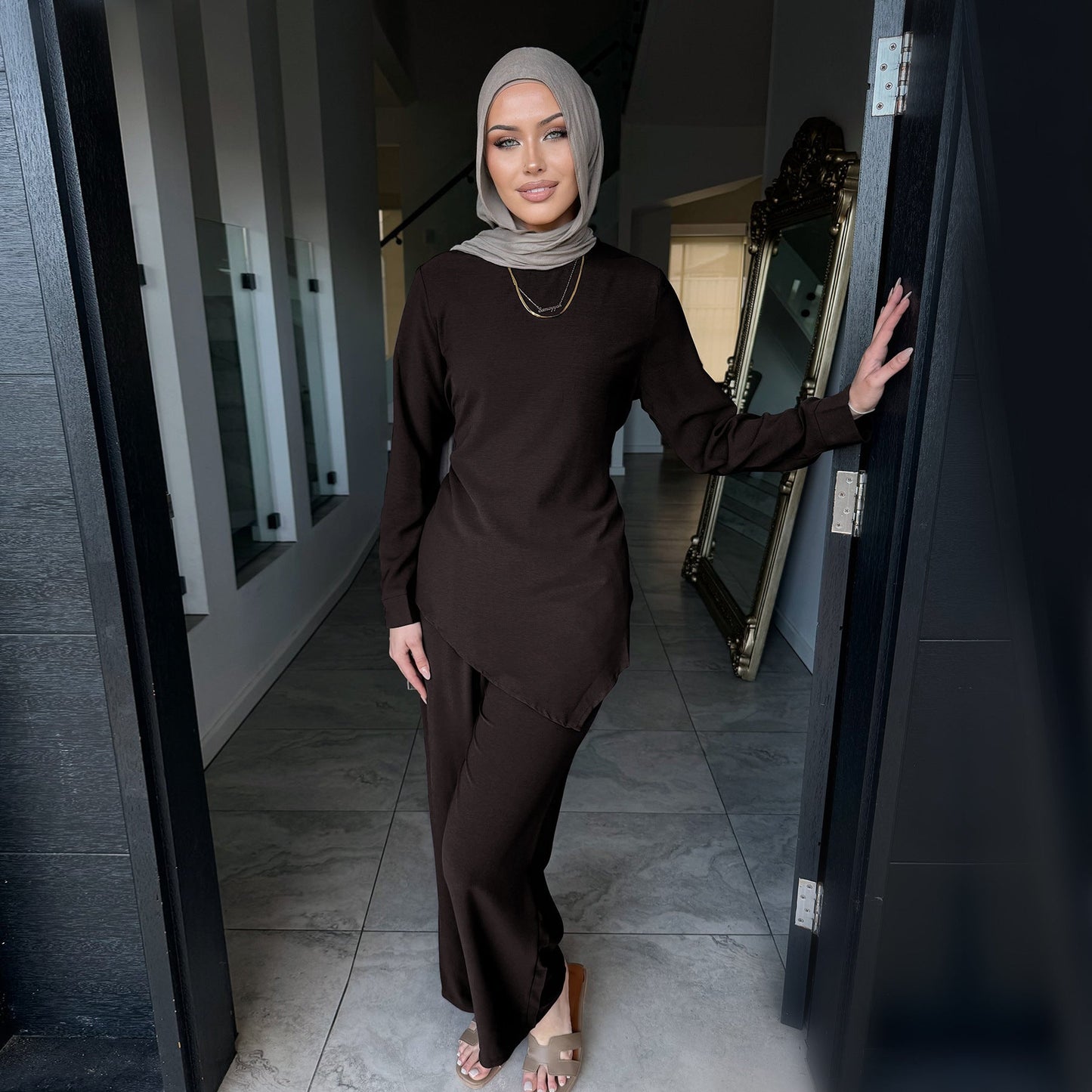 HA6614 Modest Nida Two-Piece Set with Waist Tie & Pocket Trousers