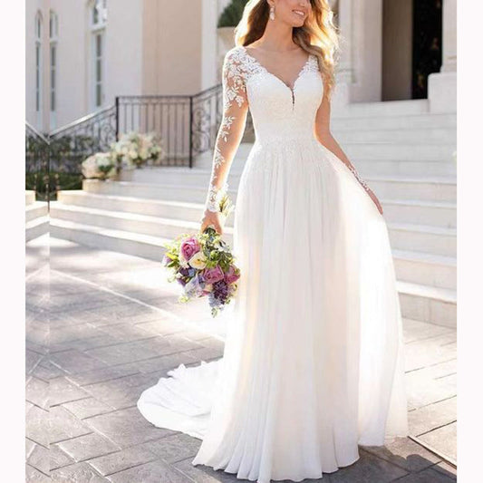 LM3494 trailing V-neck long-sleeved lawn travel backless lace light wedding dress