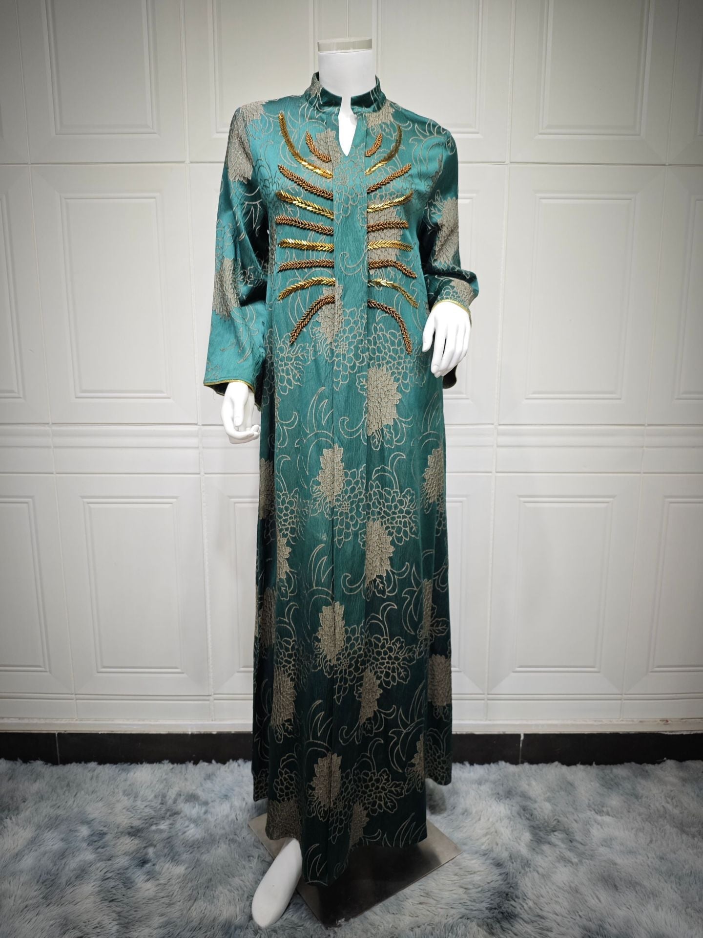 LM6656 V-neck jacquard beaded dress with elegant three-dimensional texture design