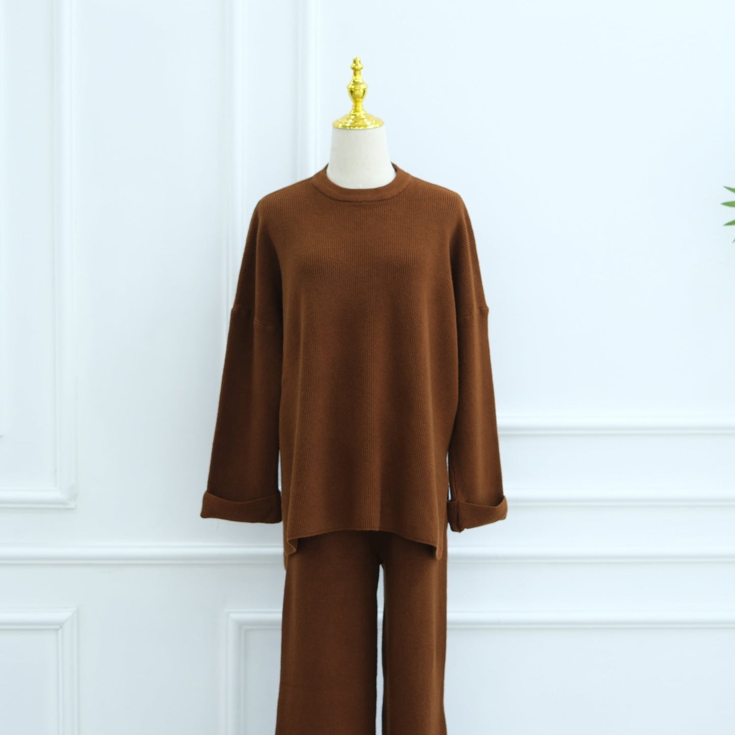 LM6599 Autumn and Winter Thickened Knitted Suit Solid Color Two-piece Suit (excluding Headscarf) Top + Trousers