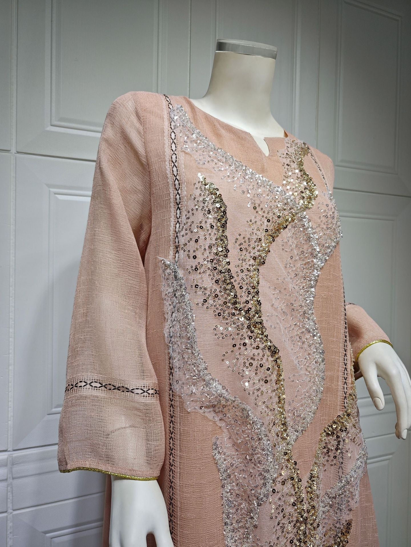 LM6637  Mesh Sequined Embroidered Long Dress