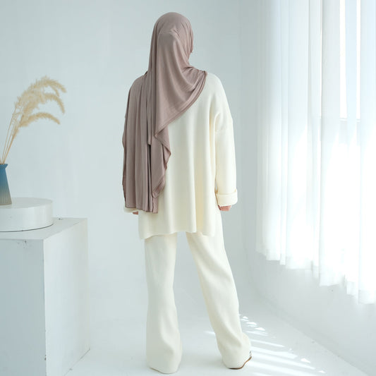 LM6599 Autumn and Winter Thickened Knitted Suit Solid Color Two-piece Suit (excluding Headscarf) Top + Trousers
