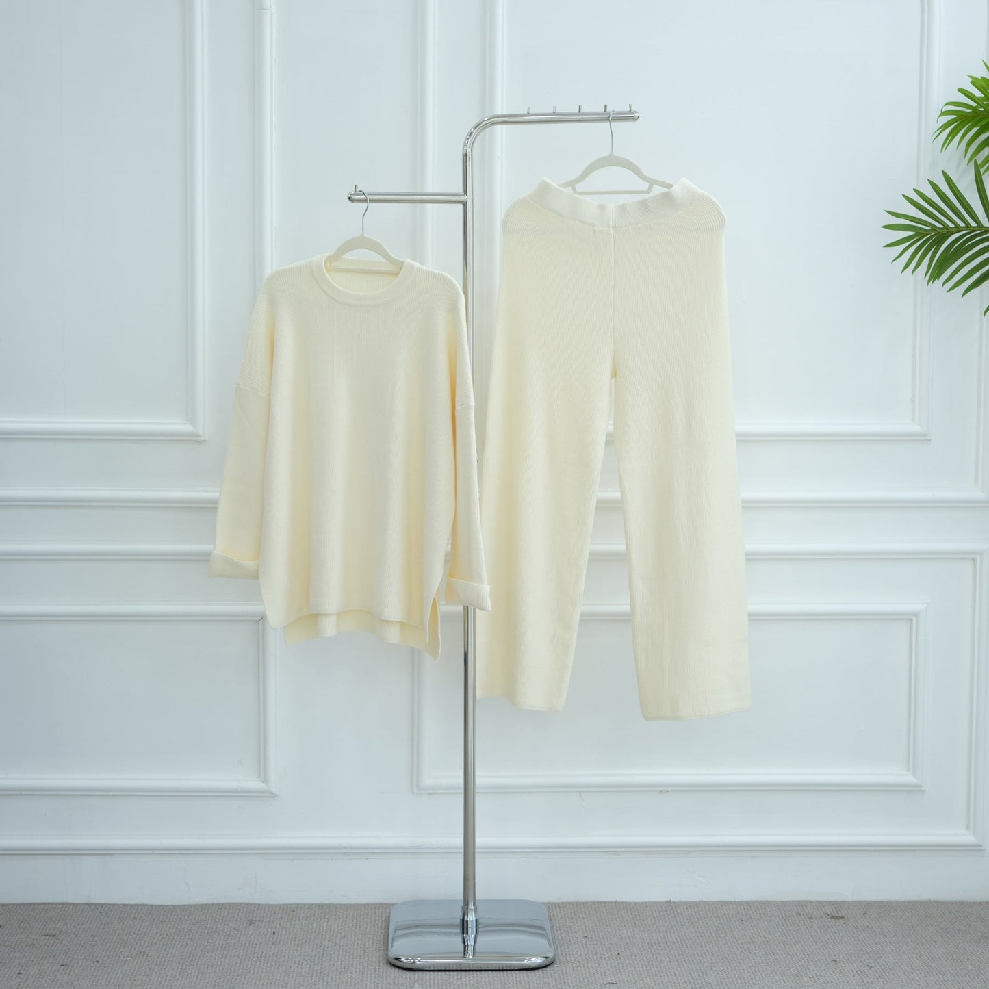 LM6599 Autumn and Winter Thickened Knitted Suit Solid Color Two-piece Suit (excluding Headscarf) Top + Trousers