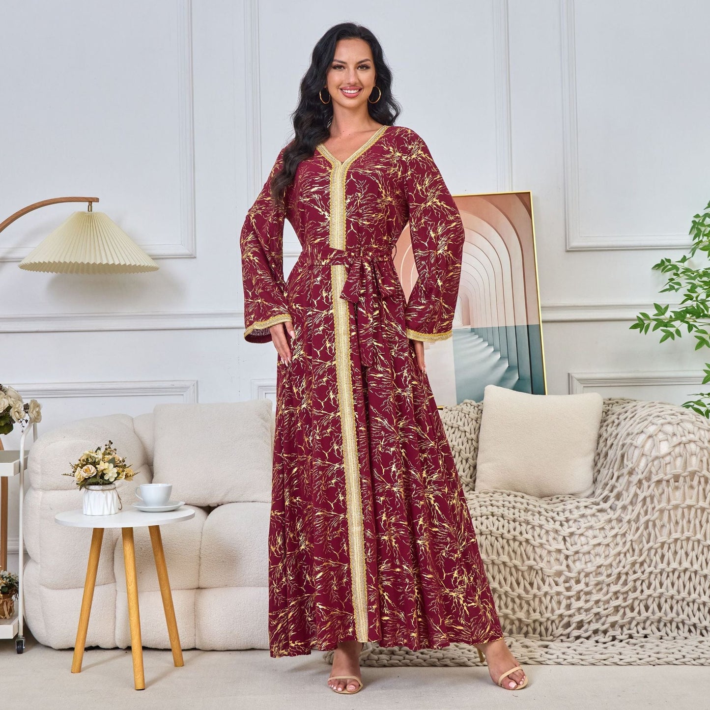 HS6731 V-neck gold-embroidered robe maxi dress