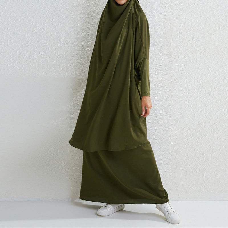 HAYA0430 Two-Piece Set jilbab Solid Color Swing Top and Skirt