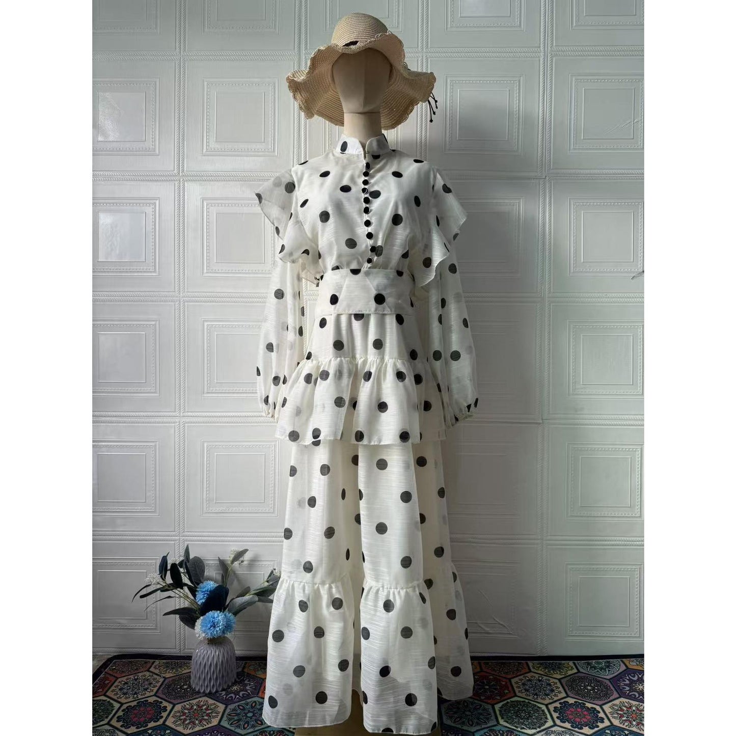 LUMAYA6732 Vintage Polka Dot Co-ord Set Puff Sleeve Blouse & Long Ruffle Skirt Outfit