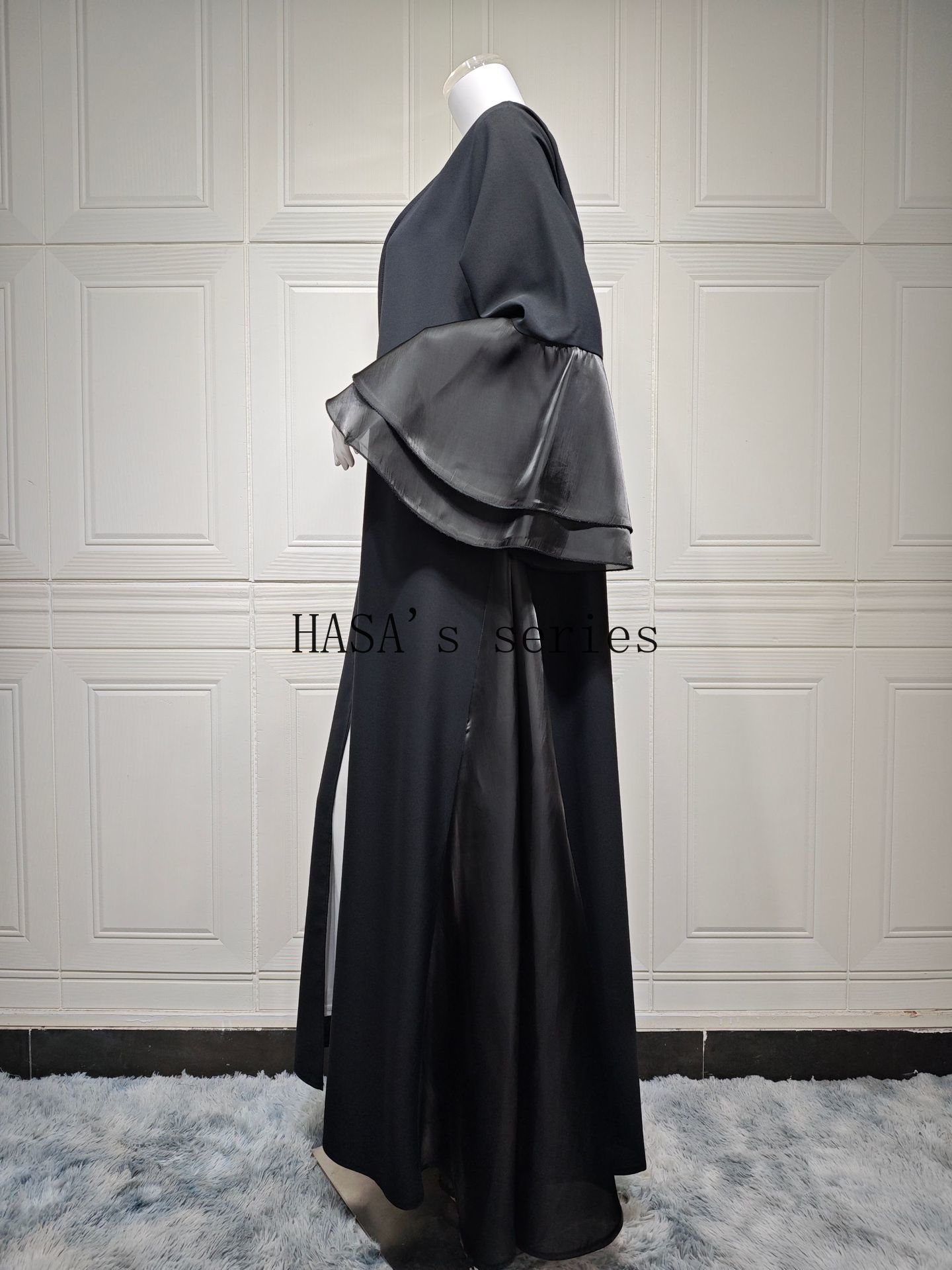 LUMAYA5106 A Soft and Elegant Long Satin Dress with Classic Design and Ruffled Sleeves.