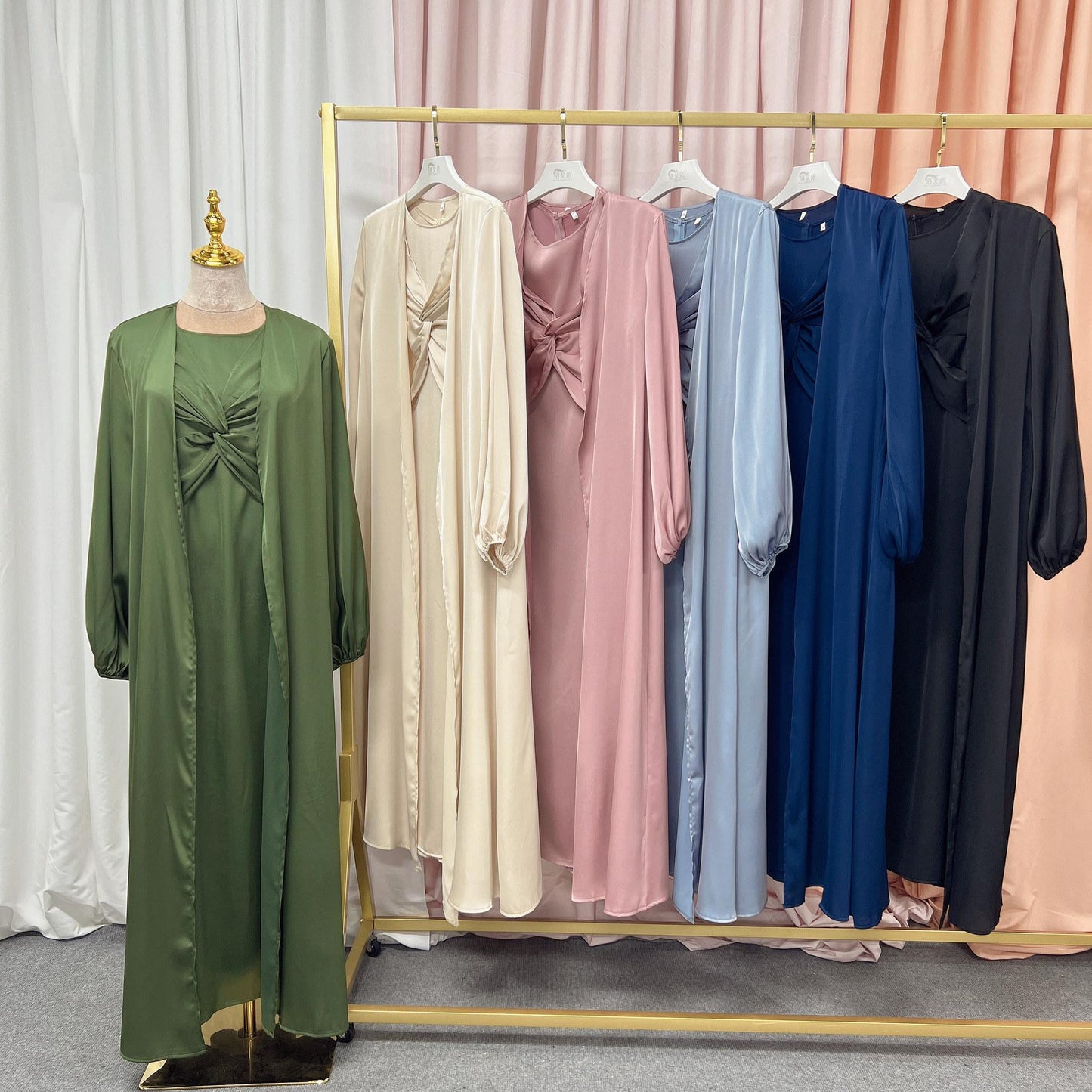 LUMAYA10061 Fashion solid colour two-piece dress cardigan set Abaya