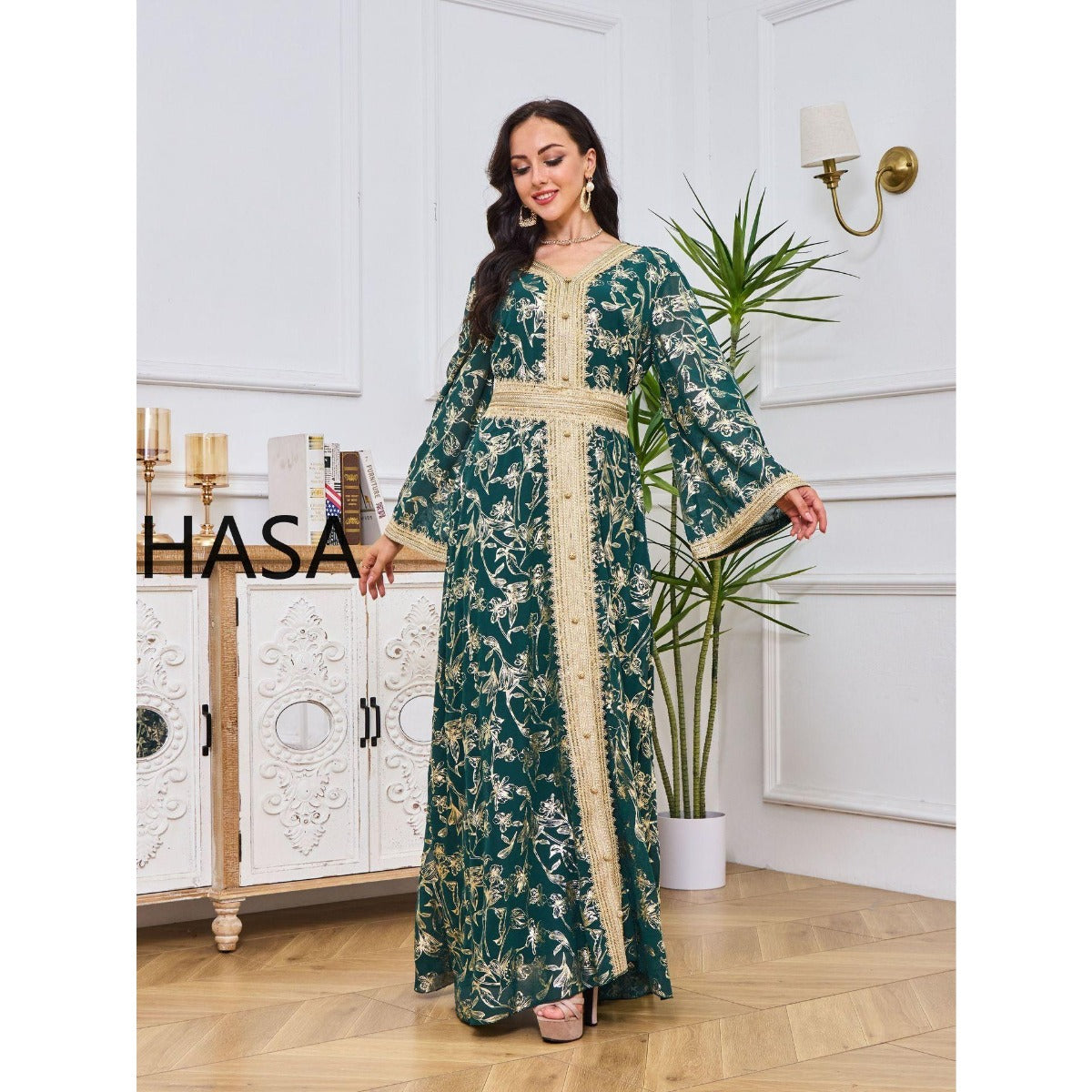 LM1249 Elegant Floral Abaya with Golden Detailing