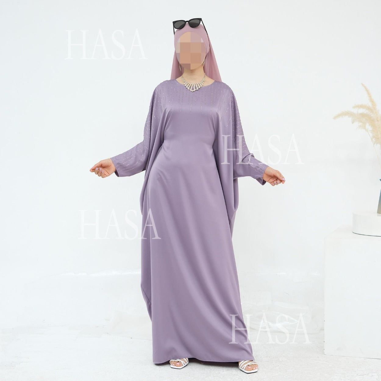 LM6610 Rhinestone-embellished long Abaya dress (headscarf not included)