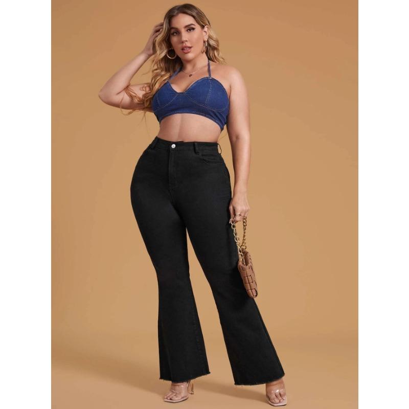 LUMAYA2331 Plus Size Black Stretchy Frayed-hem Wide-leg Flare Jeans