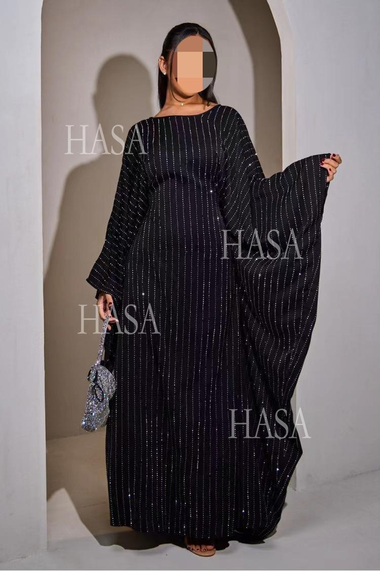 LUMAYA6483 Drape Rhinestone Gown with Simple Wide Sleeves