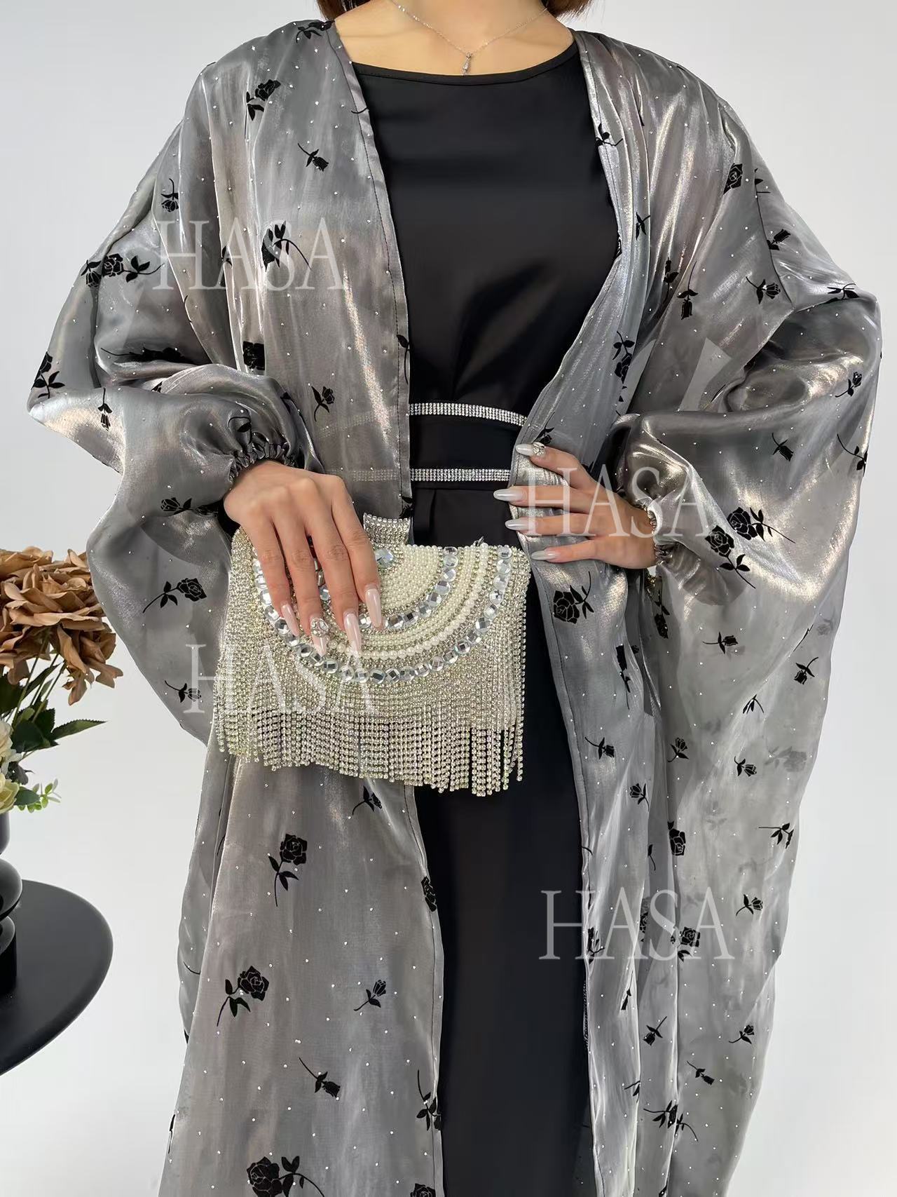LUMAYA6536 Elegant Rose Pattern Abaya Outer Dress Set