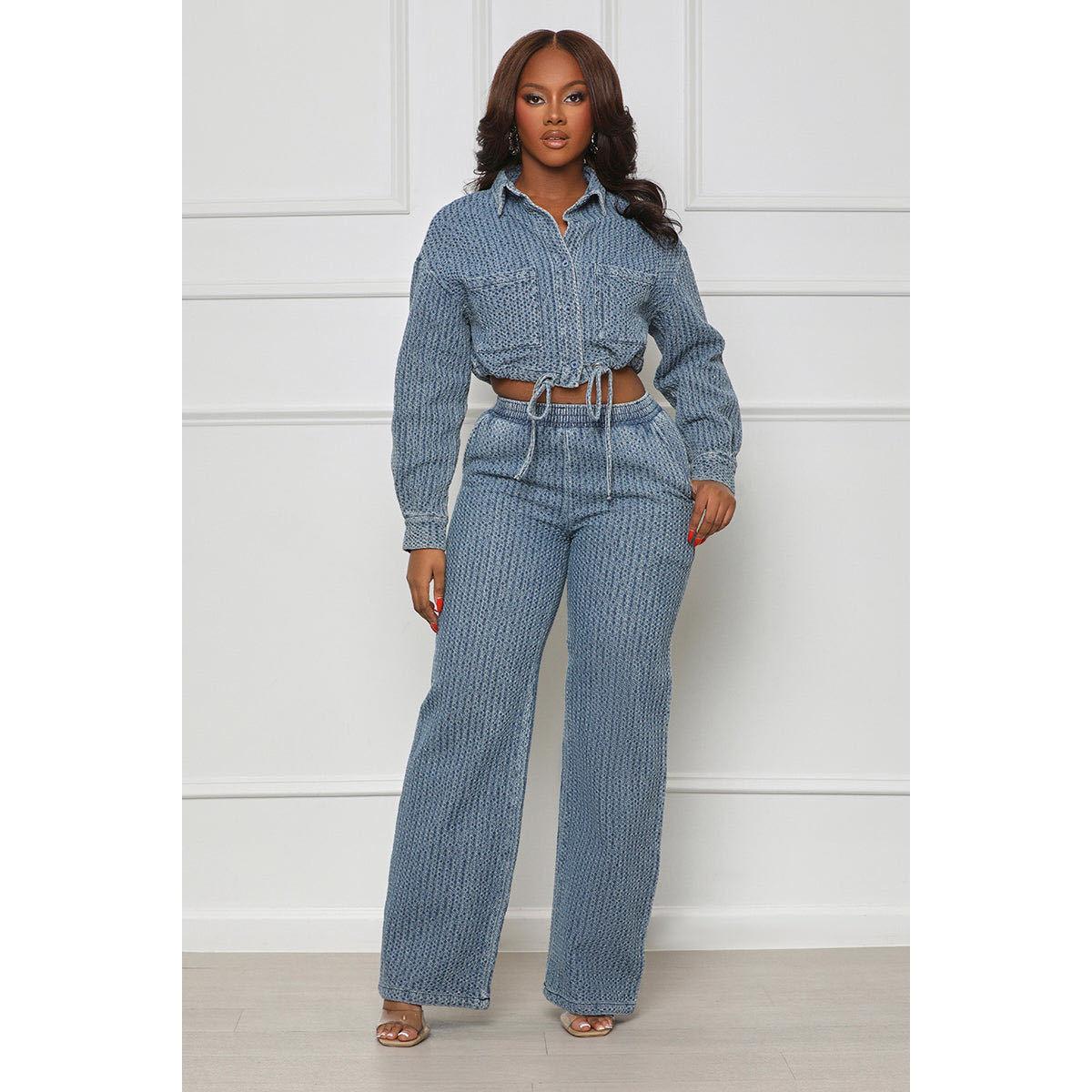 LM6303 Fashion, Long Sleeve Pants, Denim Women's Two-piece Set