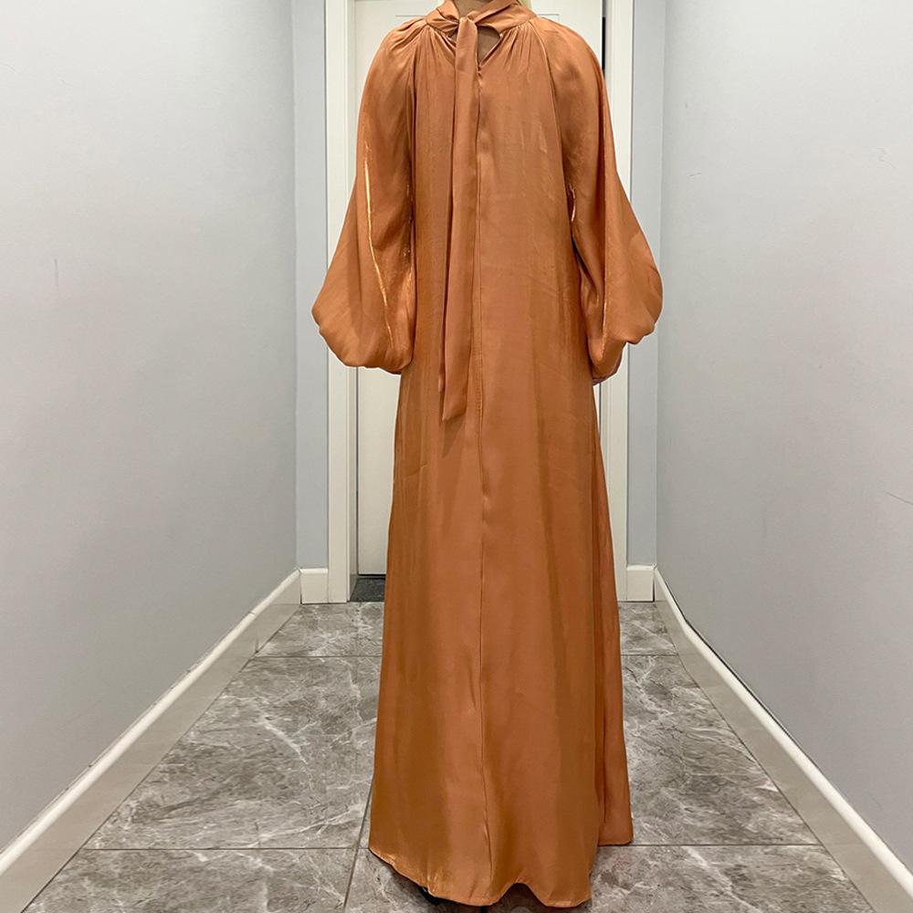 LUMAYA10043 LUMAYA  Large Lantern Sleeves Long Bright Silk Dress Stand Up Collar Back Tie Women's Dress Abaya