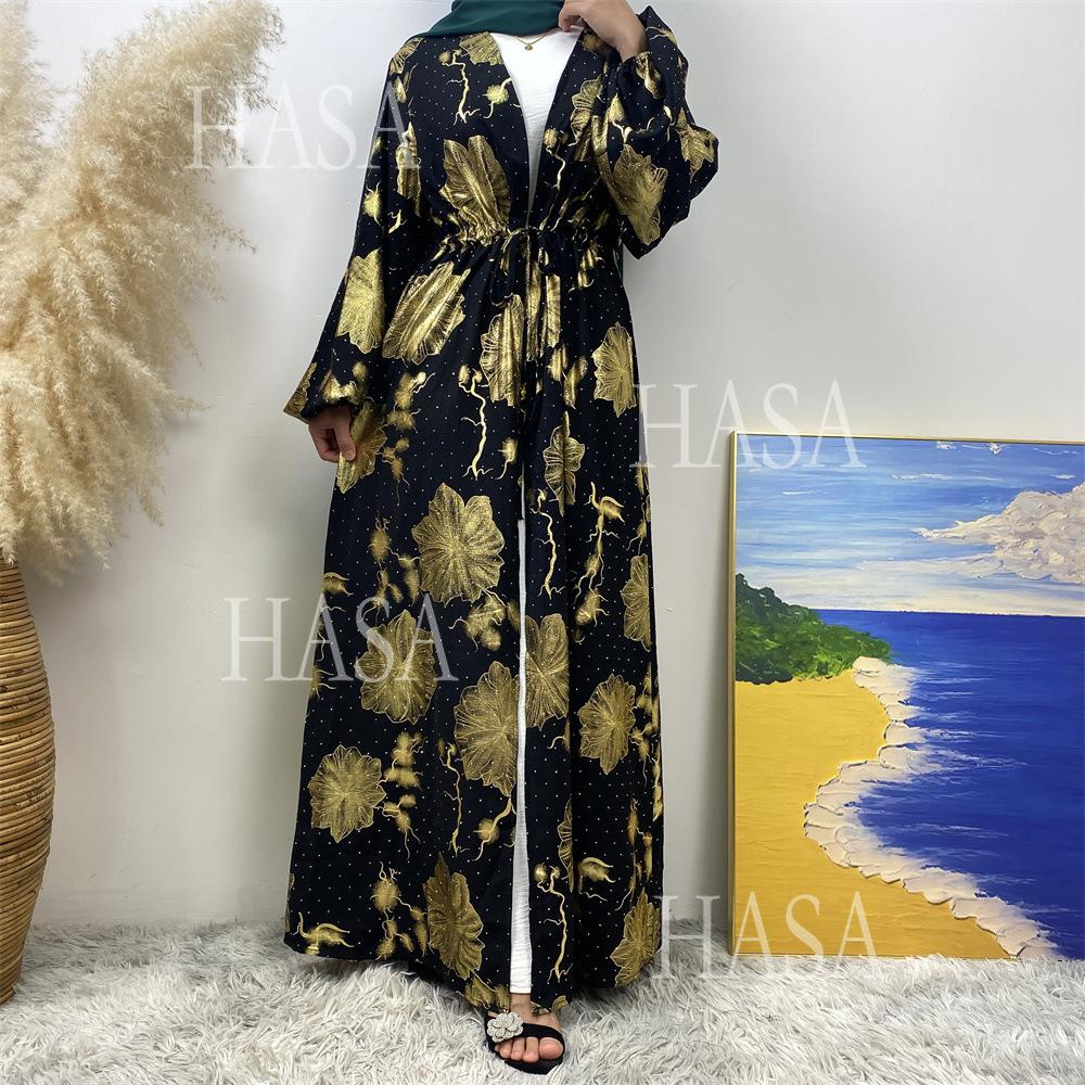 LM6589 Gold-stamped long cardigan with a flowing design