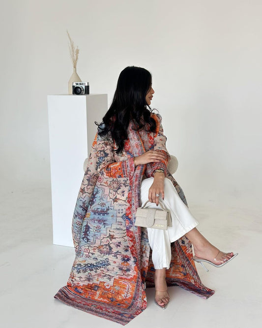 HS6730  Multicolor Printed Abaya with Traditional Motifs