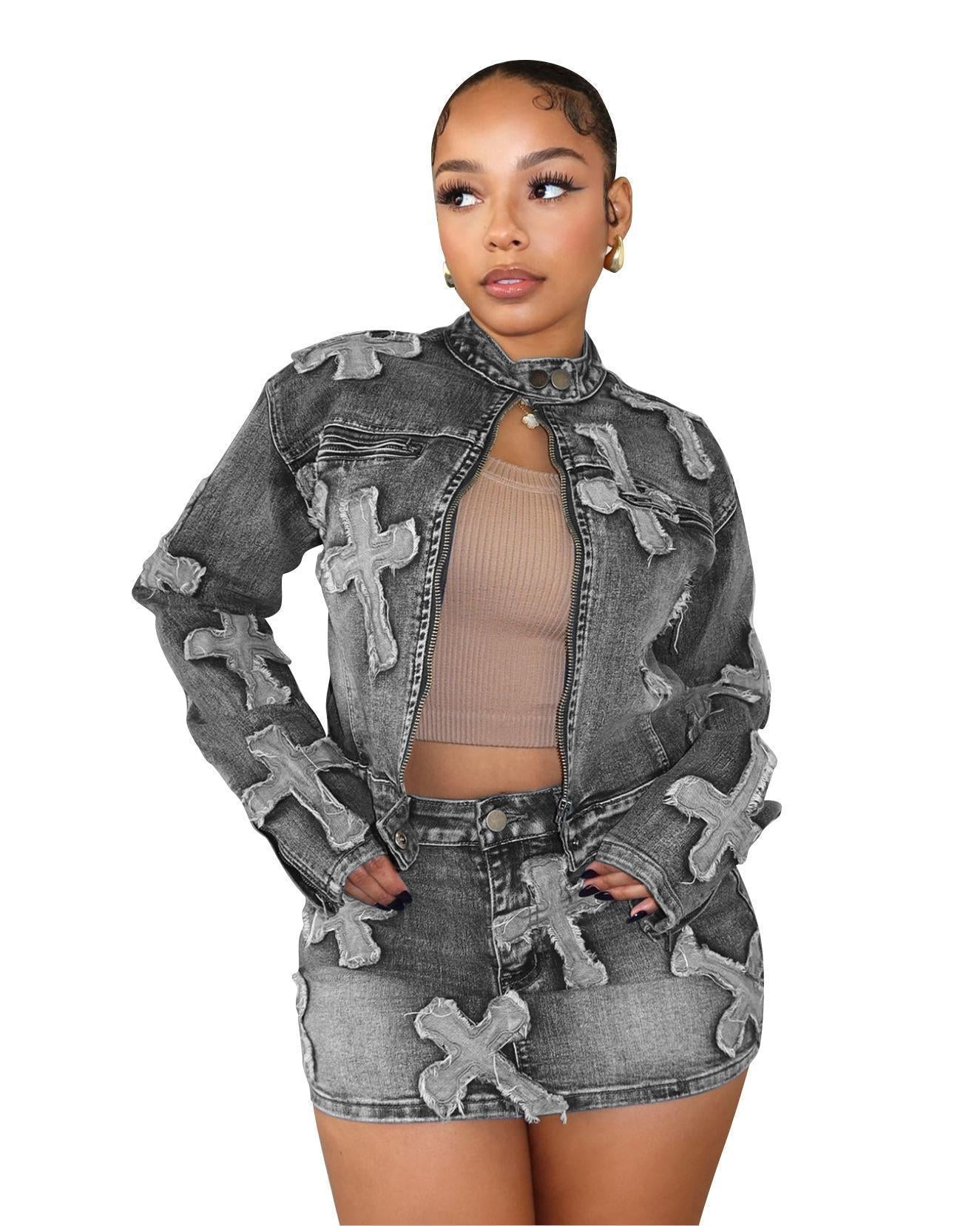 LUMAYA6391 Primavera Nuovo Set Gonna in Denim Set Giacca Gonna Ricamata in Denim