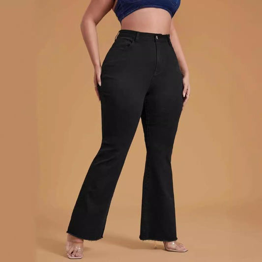 LUMAYA2331 Plus Size Black Stretchy Frayed-hem Wide-leg Flare Jeans